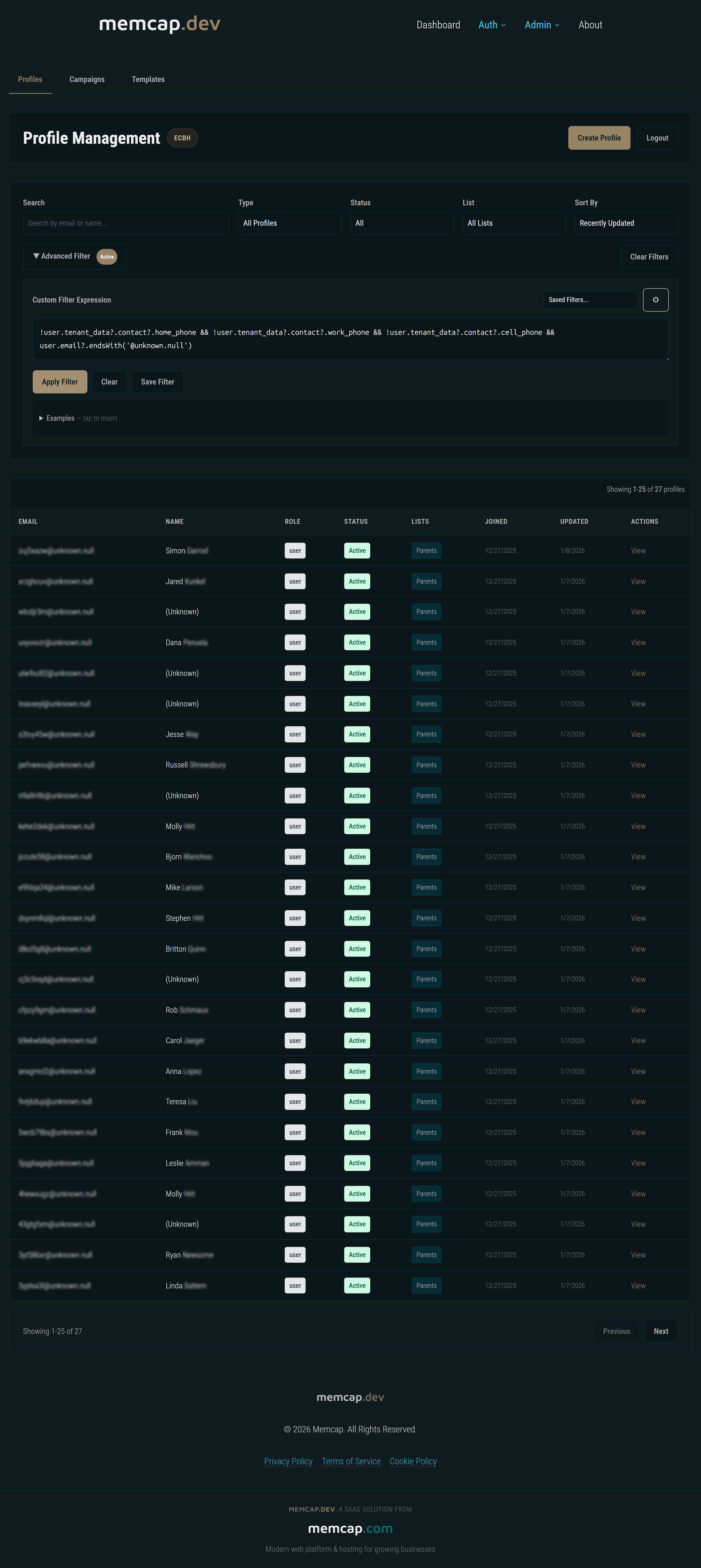 Memcap Profiles management dashboard with advanced filtering and custom fields