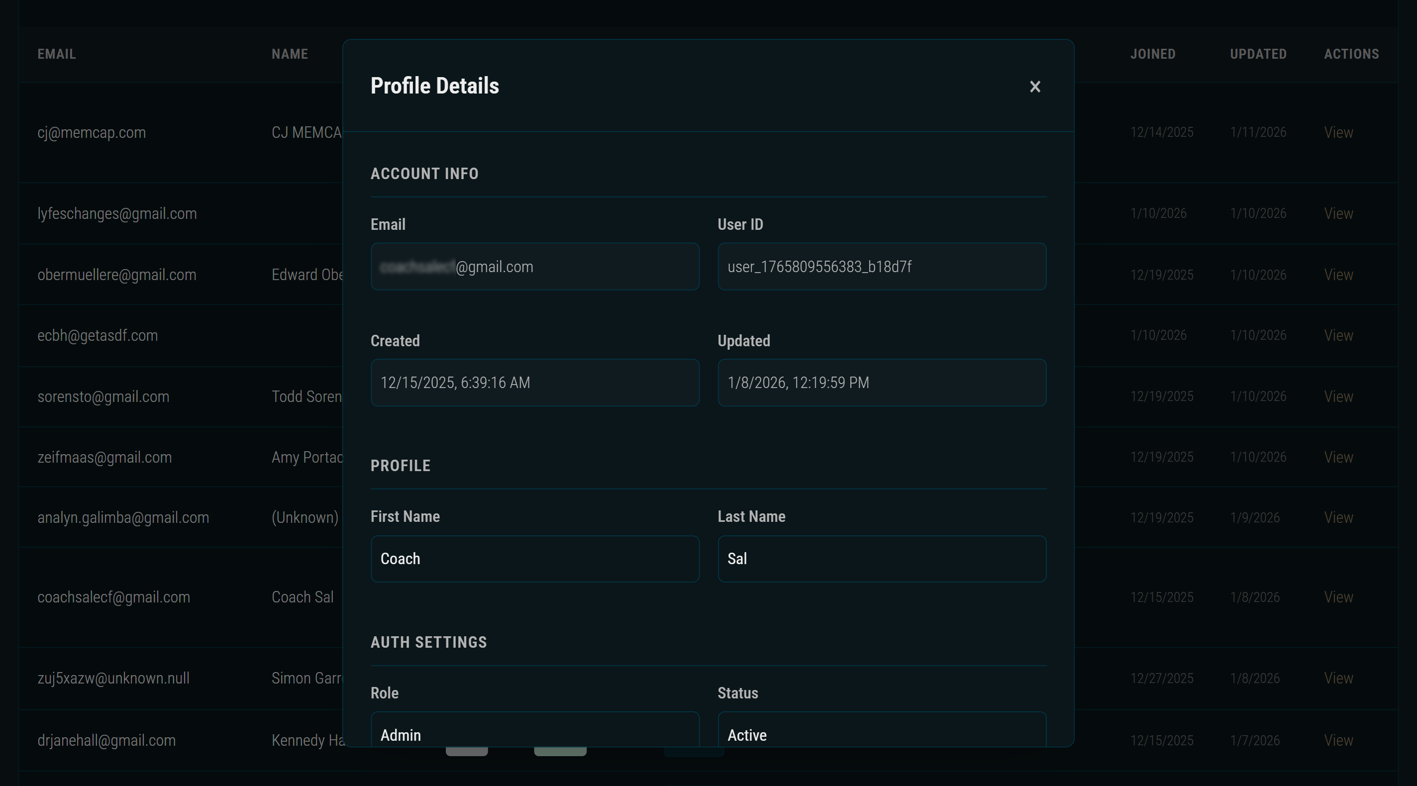 Profile detail modal showing custom fields, account info, and authentication settings