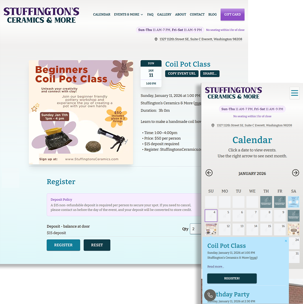 Stuffington's Calendar, Events, and Mobile View